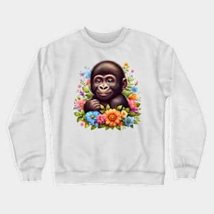 A baby gorilla decorated with beautiful colorful flowers. Crewneck Sweatshirt